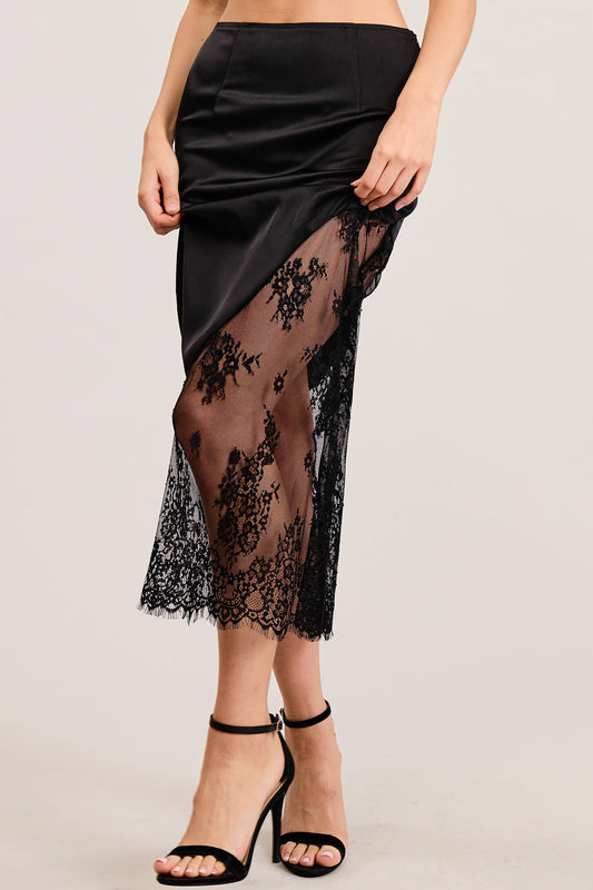 Asymmetrical Midi Skirt with Lace Contrast