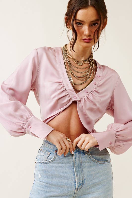 V neck Crop Blouse with Button Accents