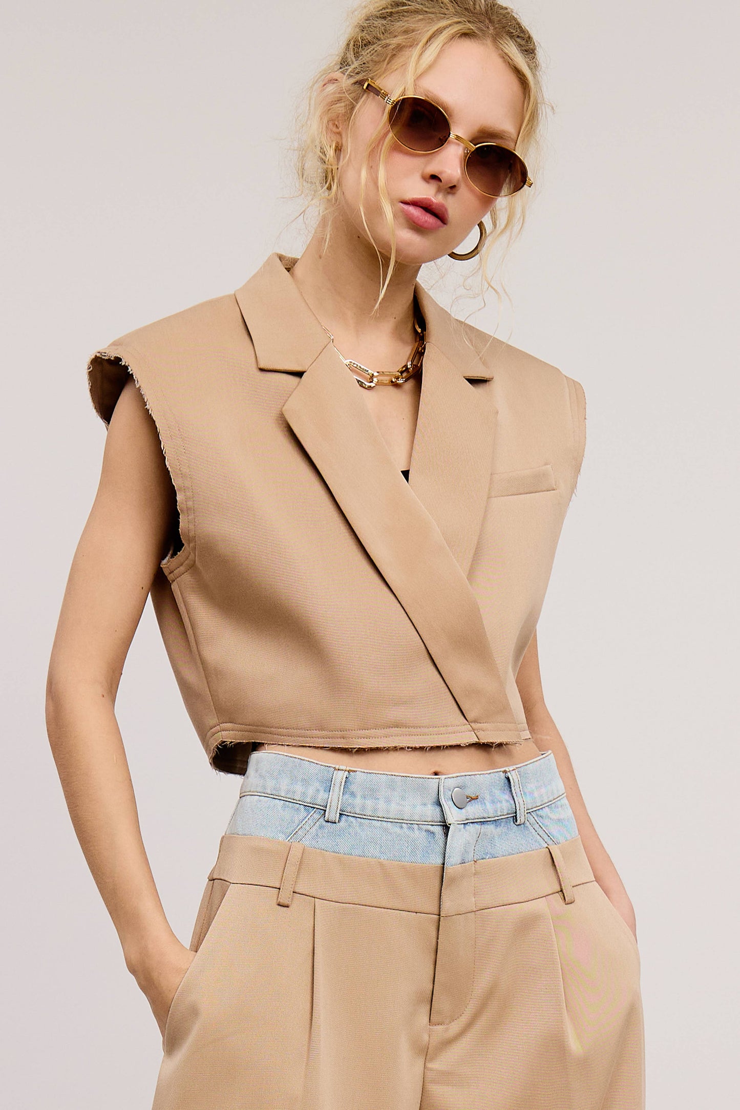 Cropped Waistcoat Vest with Raw Hem