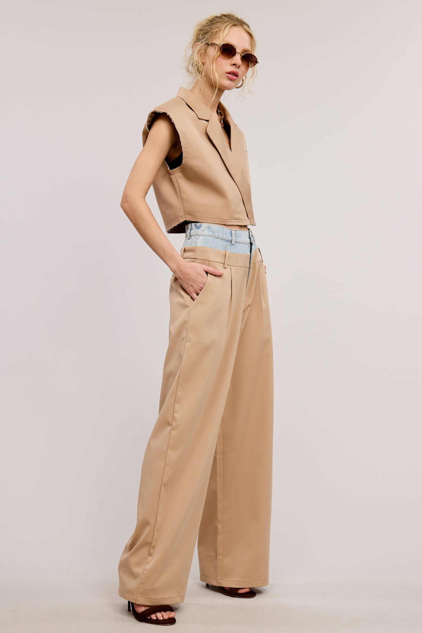 Contrast Denim Waistband Wide Leg Trouser Pants