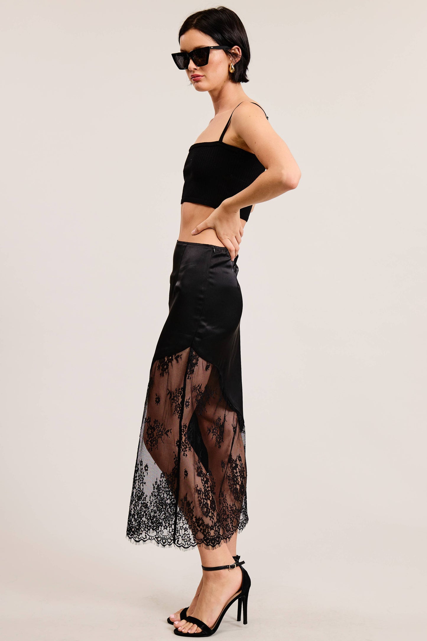 Asymmetrical Midi Skirt with Lace Contrast
