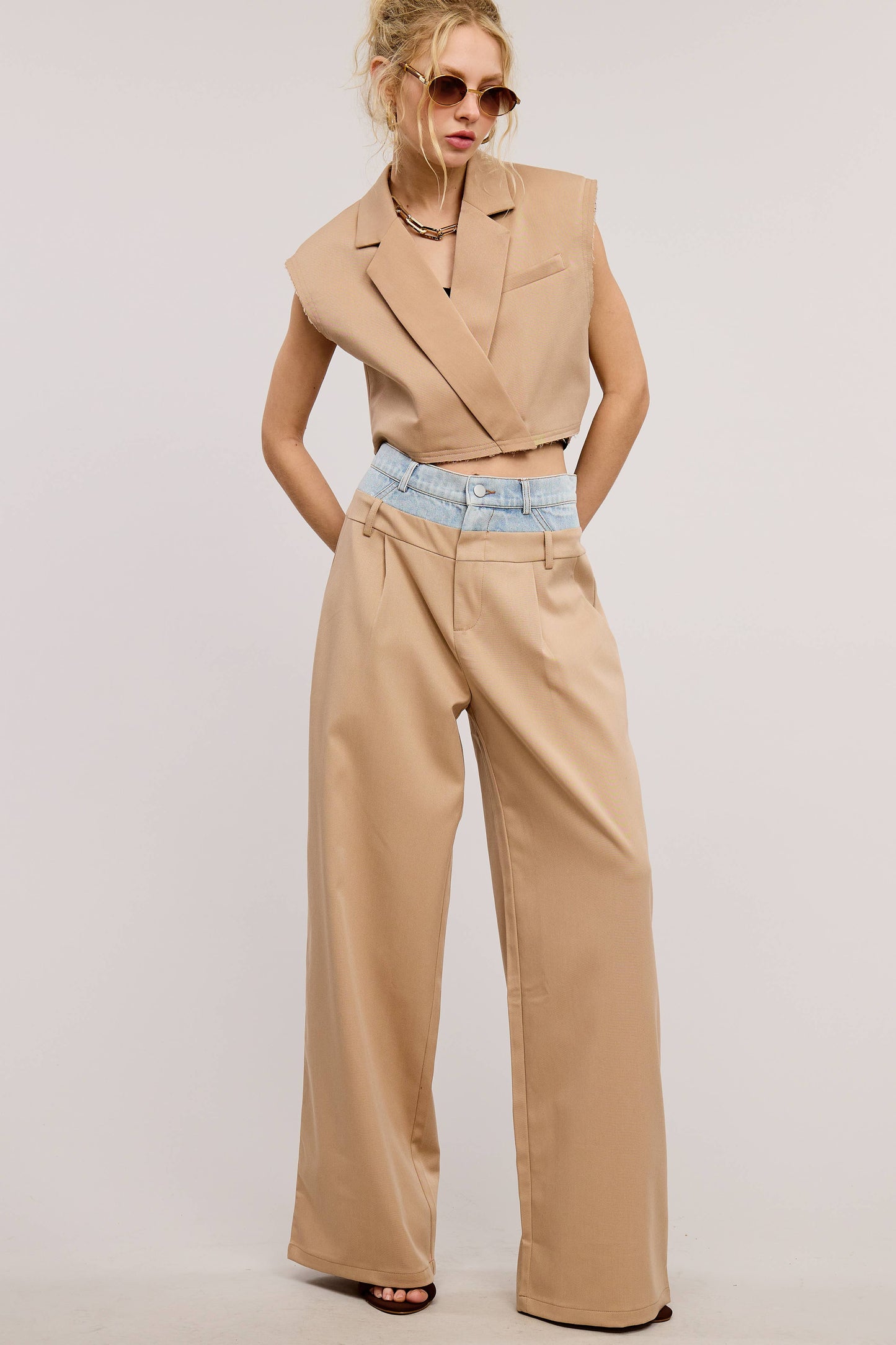 Contrast Denim Waistband Wide Leg Trouser Pants