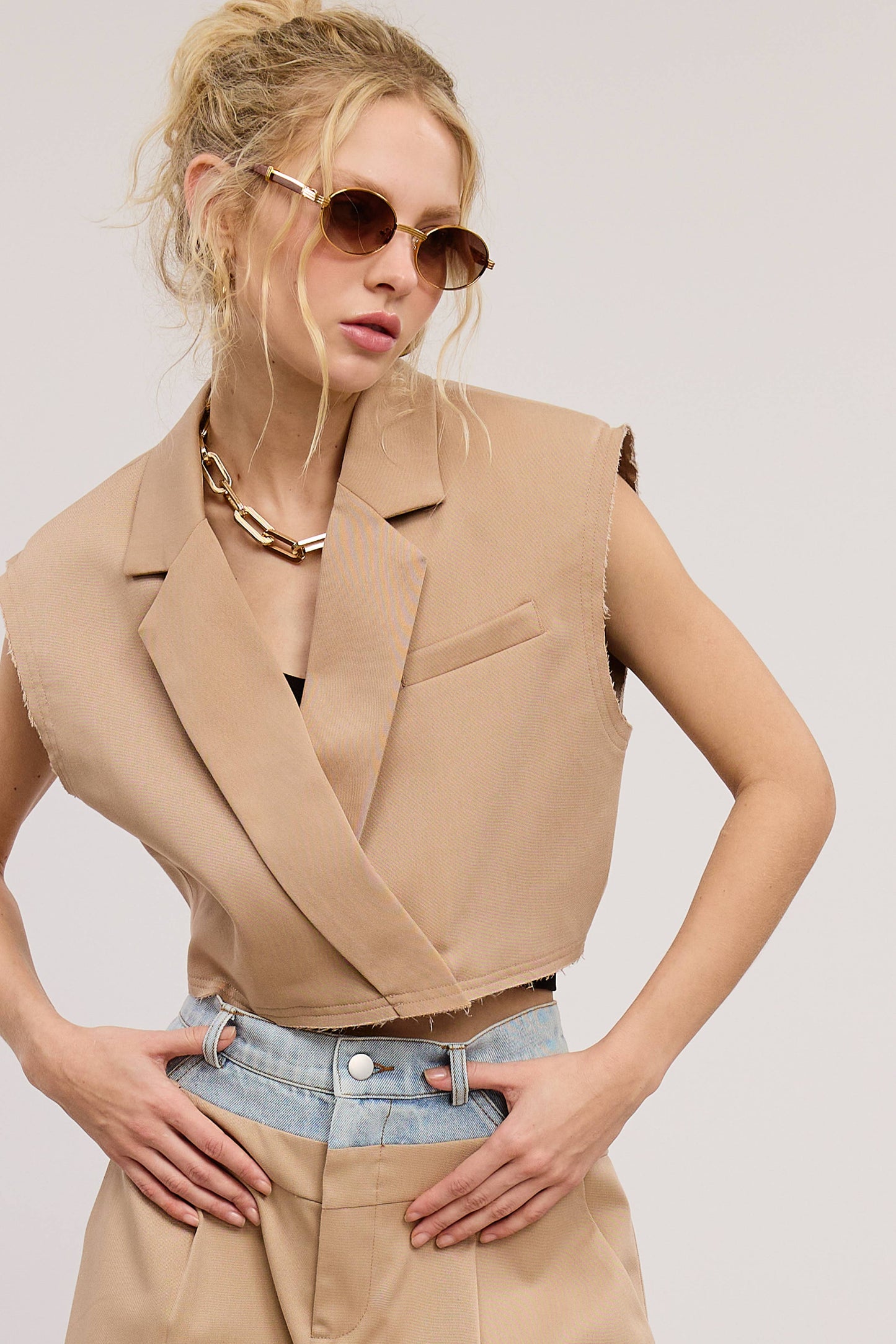 Cropped Waistcoat Vest with Raw Hem