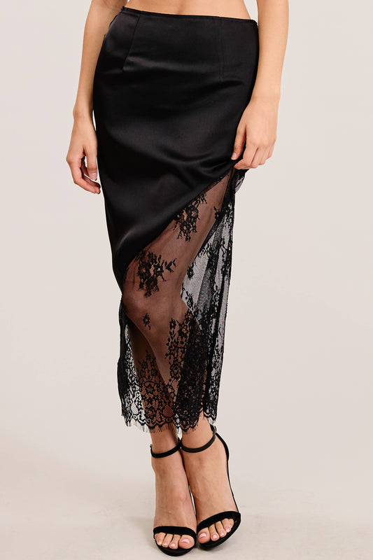 Asymmetrical Midi Skirt with Lace Contrast