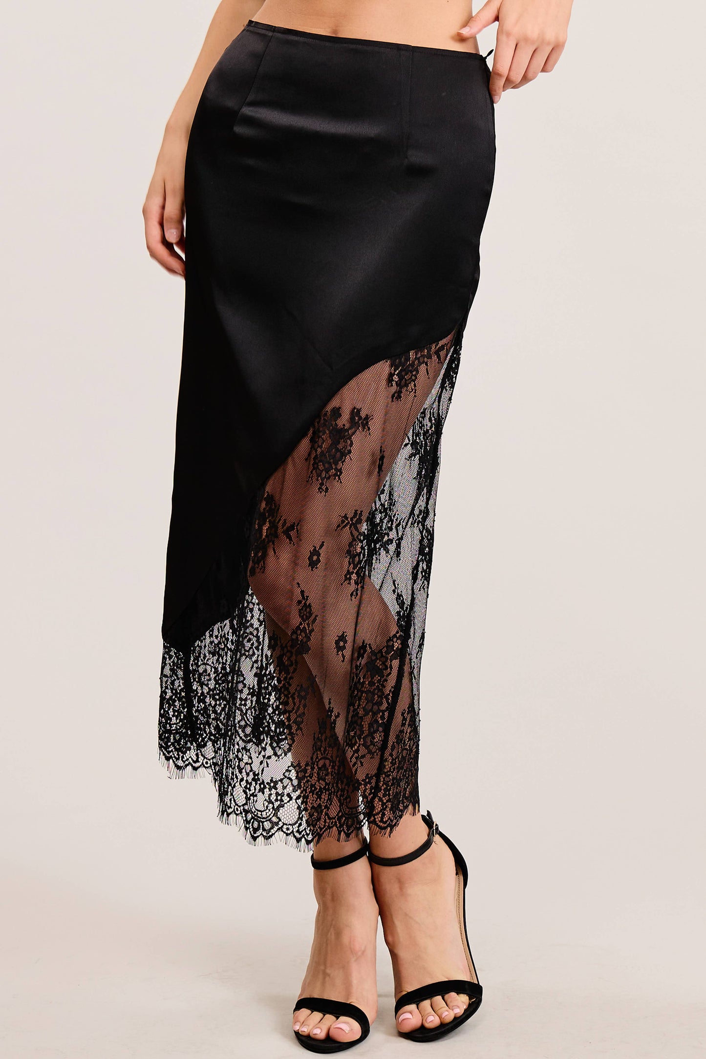 Asymmetrical Midi Skirt with Lace Contrast
