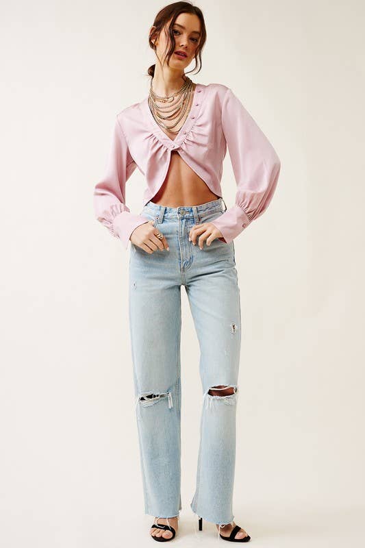 V neck Crop Blouse with Button Accents