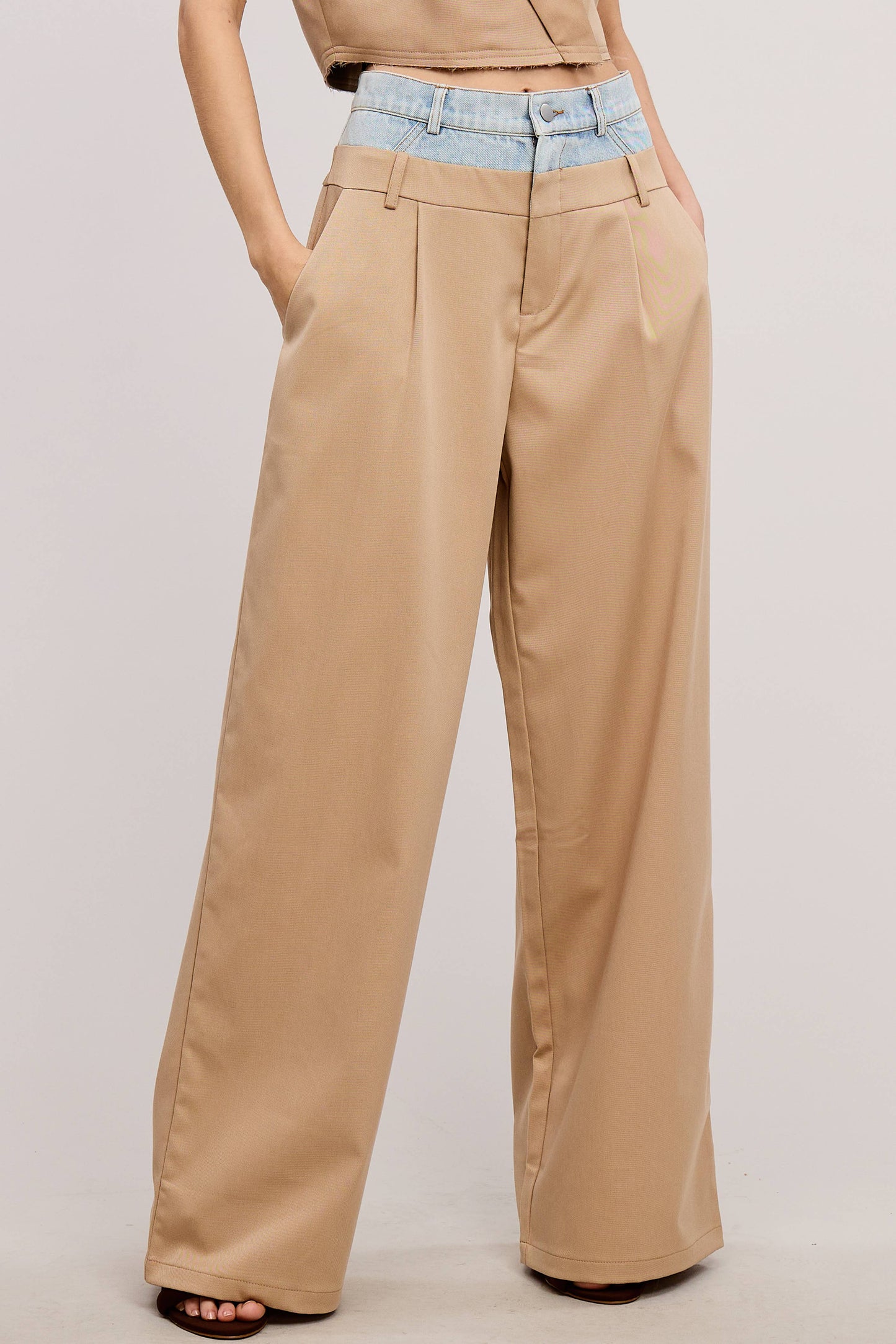 Contrast Denim Waistband Wide Leg Trouser Pants