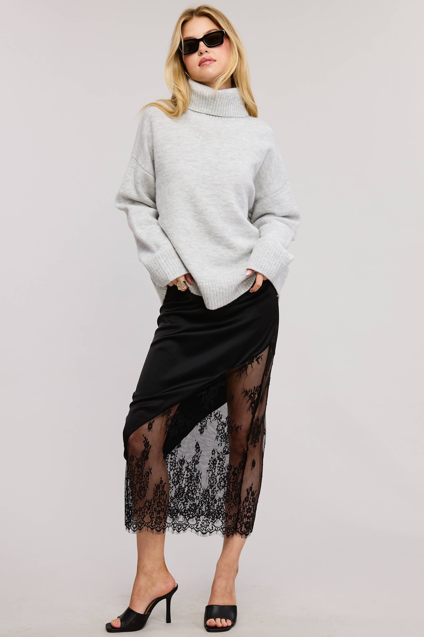 Asymmetrical Midi Skirt with Lace Contrast