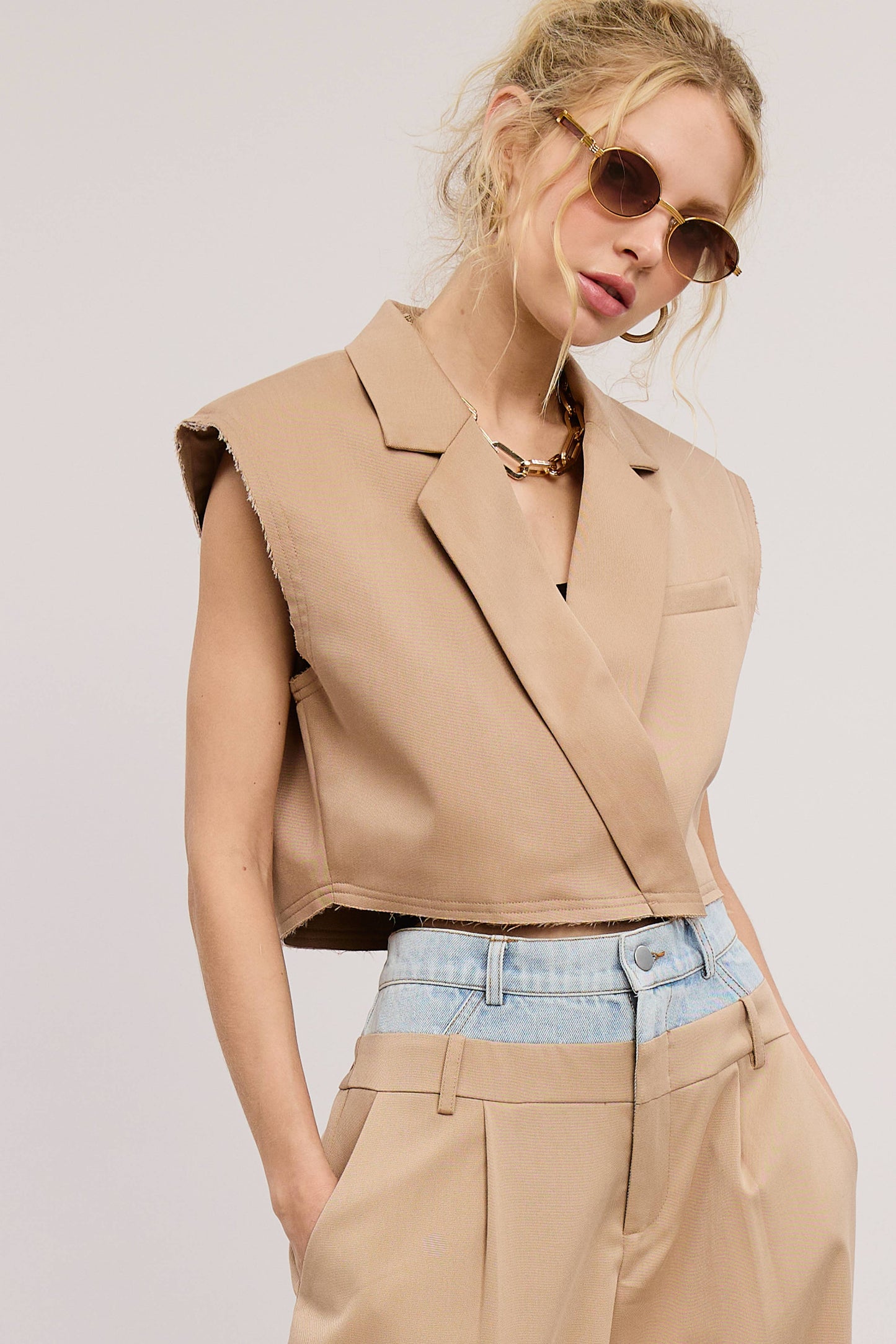 Cropped Waistcoat Vest with Raw Hem