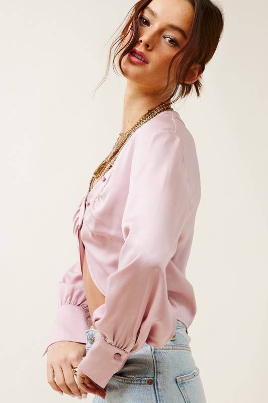V neck Crop Blouse with Button Accents